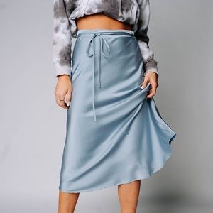 Clad and Cloth Renesmee Baby Blue Satin Midi Skirt